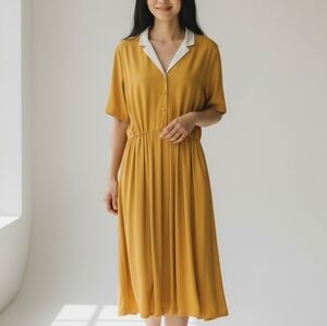 Beautiful Vintage Claude Rap Paris Bright Mustard Yellow Collared Midi Dress